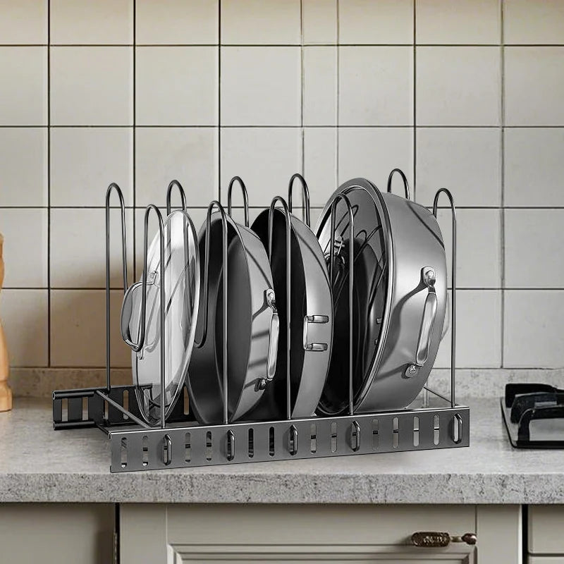 Pot and Pan Organizer Rack for Cabinet, Upgraded Adjustable Pot Lid Organizer for Cutting Board, Cast-iron Pan, Heavy Cookware
