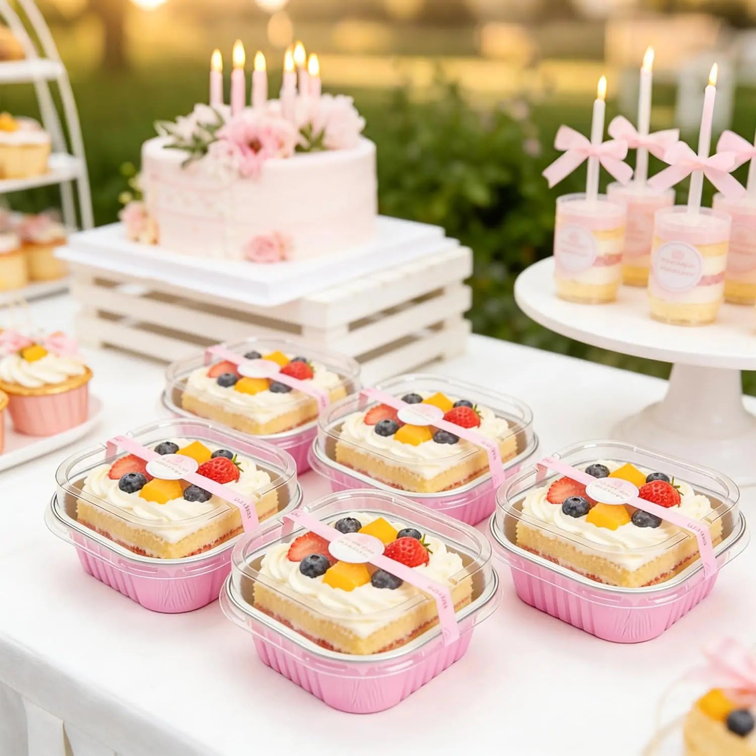 50 Pcs Mini Cake Pans with Lids and Spoons, Aluminum Foil Square Baking Cups, Disposable Ramekins for Wedding (Pink, 5oz)