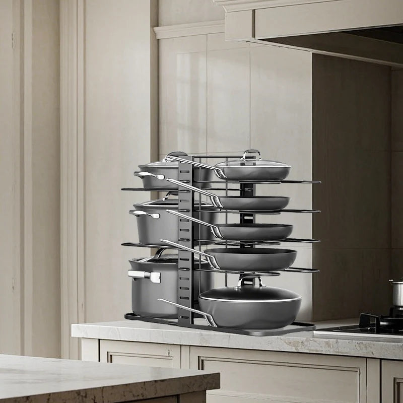 Pot and Pan Organizer Rack for Cabinet, Upgraded Adjustable Pot Lid Organizer for Cutting Board, Cast-iron Pan, Heavy Cookware