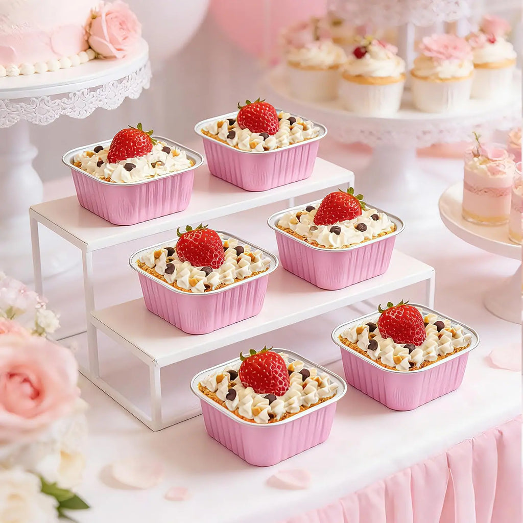 50 Pcs Mini Cake Pans with Lids and Spoons, Aluminum Foil Square Baking Cups, Disposable Ramekins for Wedding (Pink, 5oz)