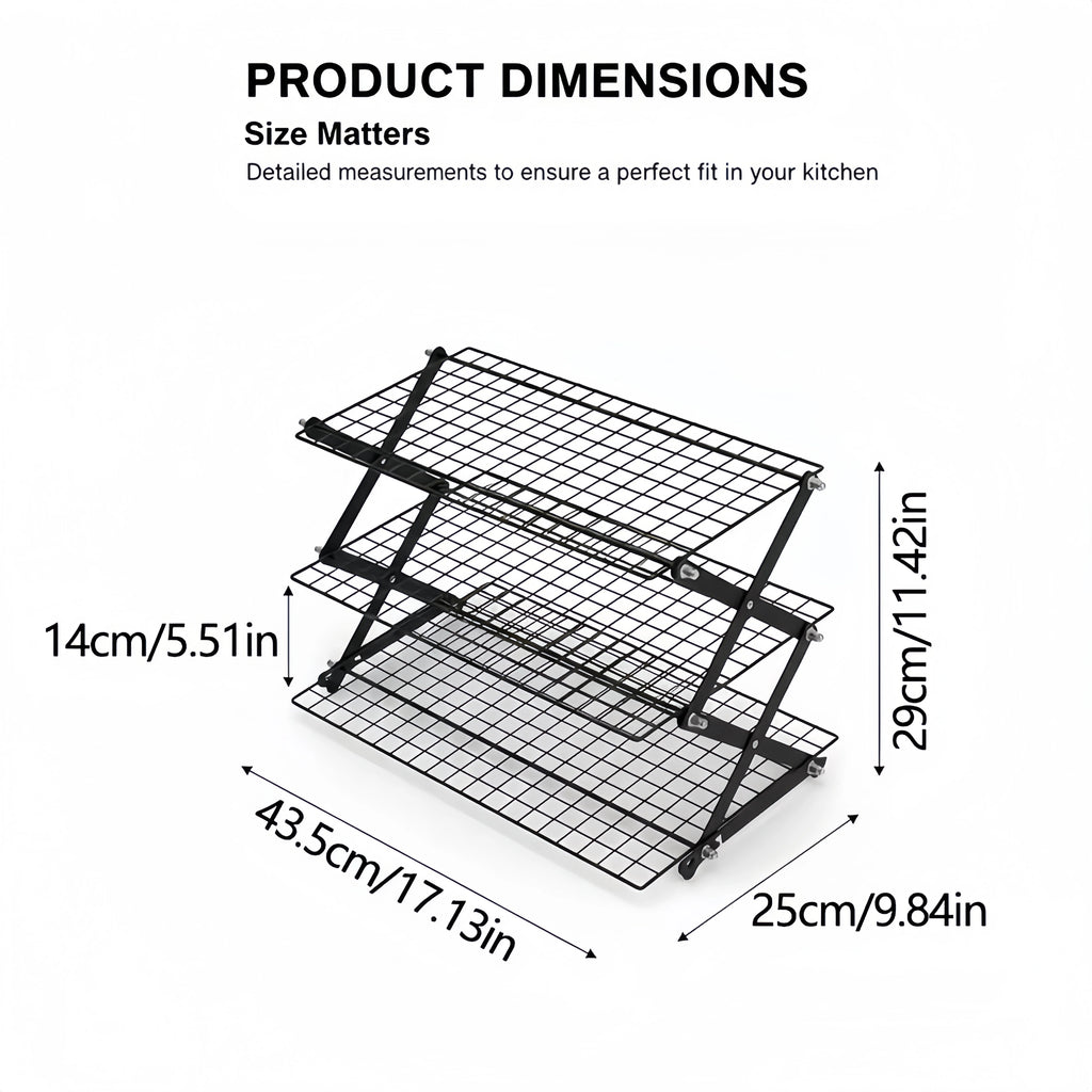 3-layer foldable cooling rack, baking tray metal mesh rack, stackable baking, cooking, drying mesh cooling rack with adjustable 3 settings design, camping grill, for cooking, baking, cooling, baking cookies and cakes.