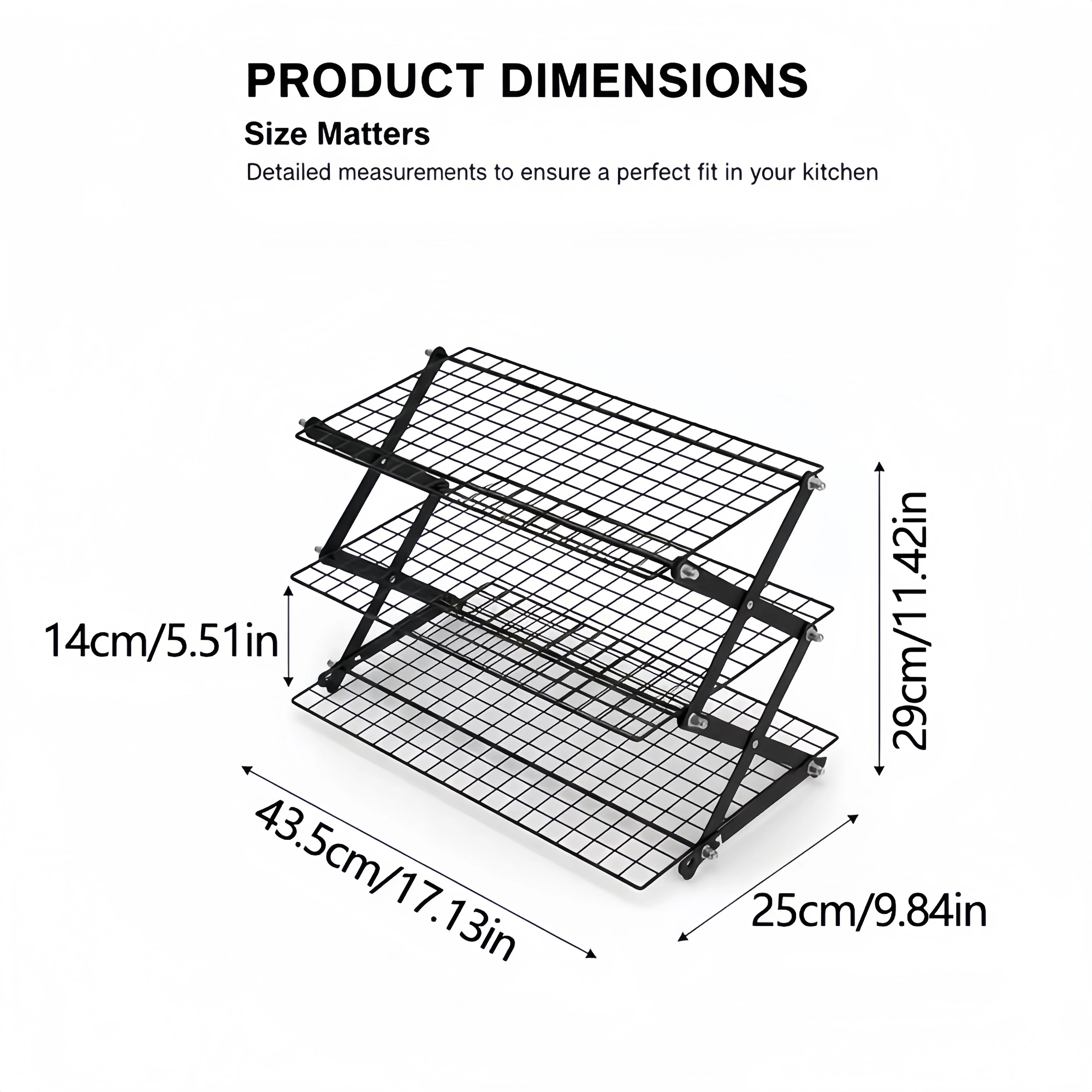 3-layer foldable cooling rack, baking tray metal mesh rack, stackable baking, cooking, drying mesh cooling rack with adjustable 3 settings design, camping grill, for cooking, baking, cooling, baking cookies and cakes.