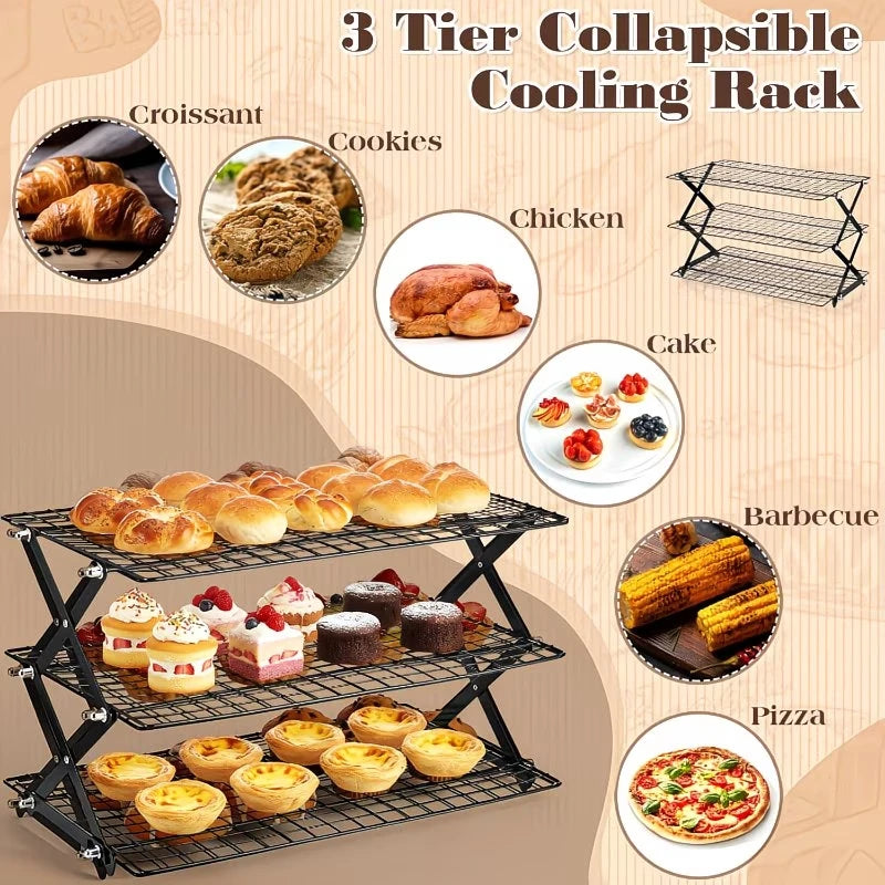 3-layer foldable cooling rack, baking tray metal mesh rack, stackable baking, cooking, drying mesh cooling rack with adjustable 3 settings design, camping grill, for cooking, baking, cooling, baking cookies and cakes.