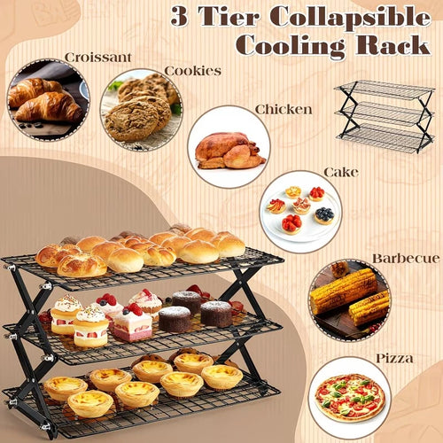 3-layer foldable cooling rack, baking tray metal mesh rack, stackable baking, cooking, drying mesh cooling rack with adjustable 3 settings design, camping grill, for cooking, baking, cooling, baking cookies and cakes.