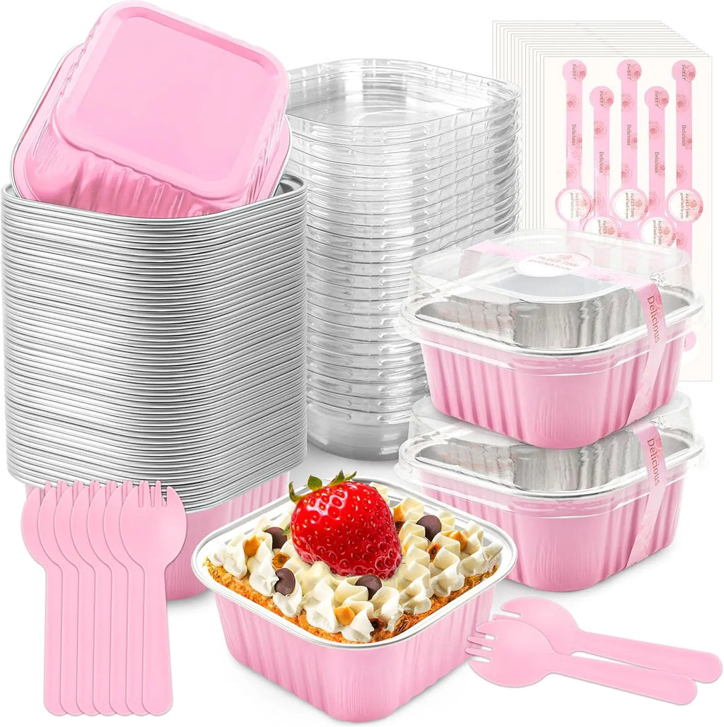 50 Pcs Mini Cake Pans with Lids and Spoons, Aluminum Foil Square Baking Cups, Disposable Ramekins for Wedding (Pink, 5oz)