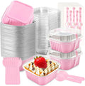 50 Pcs Mini Cake Pans with Lids and Spoons, Aluminum Foil Square Baking Cups, Disposable Ramekins for Wedding (Pink, 5oz)