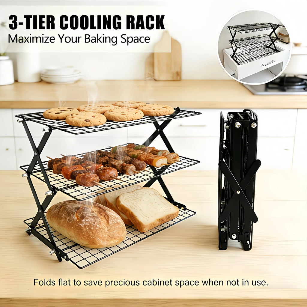 3-layer foldable cooling rack, baking tray metal mesh rack, stackable baking, cooking, drying mesh cooling rack with adjustable 3 settings design, camping grill, for cooking, baking, cooling, baking cookies and cakes.