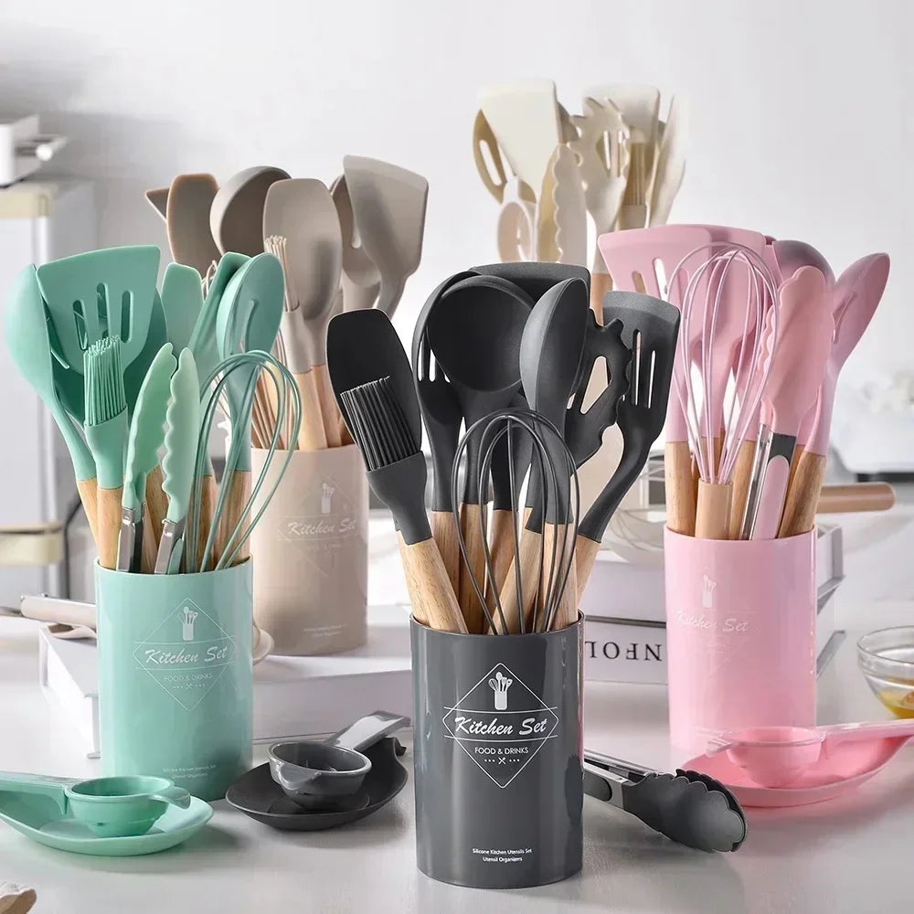 12pcs/set Silicone Kitchen Cookware Utensils Food Grade Turner Spatula Measuring Spoon Practical Kitchenware Set Cooking Tools