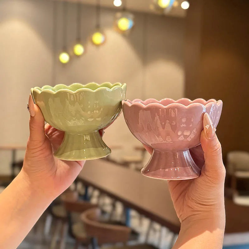 Exquisite Ceramic Stemmed Bowl New Cream Wind Underglazed Colour Floral Shape Ice Cream Dessert Bowls Solid Aesthetic Tableware